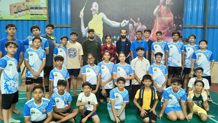 Players and coaches at the SSEAI Badminton Tournament, Aerial Sports Hub Murlipura